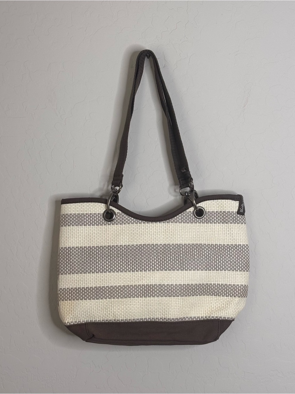Thirty-One Canvas Crew Mini Taupe Straw Stripe Tote Bag Purse Beige Brown Bag